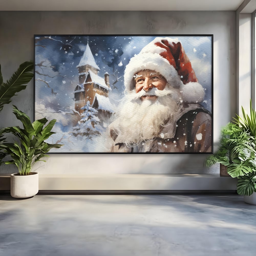 Tablou canvas cu tablou canvas cu mos craciun, in rama de aluminiu negru